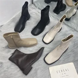 Ботинки с низкой каблукой Bottes Square Head Elastic Women Shoes Chunky продавать молнию Zipper Chaussure Femme