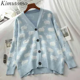 Kimutomo Cute Cartoon Sheep Knitted Cardigans Girls V-neck Long Sleeve Single Breasted Sweater Outwear Casual Spring Thin 210521