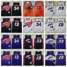 Najwyższej jakości koszulka Mitchell and Ness Koszykówka Karl Malone 32 Steve Nash 13 Charles Barkley 34 John Stockton 12 Retro Fioletowy Czarny Biały Pomarańczowy Naszyte duże logo zespołu