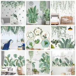 Gröna blad väggklistermärken för hemlandsrum Dekorativa vinylväggdekal Tropiska växter DIY Kid Door Murals Bakgrund