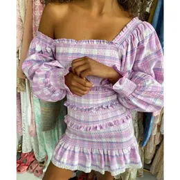 Casual Dresses Boho Inspirerad Lilac Plaid Print Dress Women Smocked Bodice Sexig Party Långärmad Ruffle Chic Höst