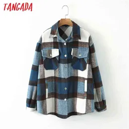 Tangada automne hiver femmes bleu Plaid Long manteau veste poche décontracté chaud pardessus mode vêtements d'extérieur hauts QW12 210722