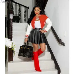 Top Selling 2021 Women Clothing Fashion Patchwork Varsity Jacket Leather Pleated Skirts Two Piece Set Sportswear