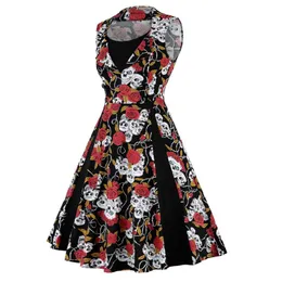 Plus storlekskalle print halloween party midi dress retro vintage swing rockabilly dot blommig patchwork office jurken 2021 casual klänningar