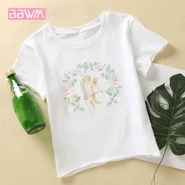 Rund hals kort ärm exponerad mage knapp Sexig smal färsk kvinnlig t-shirt sommar mode vilda söta chic kvinnors toppar 210507