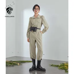 FANSILANEN Casual streetwear jumpsuit romper Women puff sleeve zipper black spring jump suit Female slim cargo pants overalls 210607