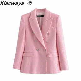 Klacwaya za blazer mulheres moda rosa textura xadrez ocasional primavera outono dobro casaco breasted 211019