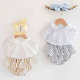 Sommar barn tjej kostym kläder spädbarn baby tjejer ärmlös topp + stripe byxor hårband kläder sätter 210429
