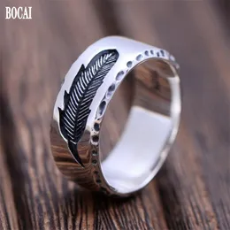 Bocai Real S925 Pure Prata Jóias 7mm Creative Feather Anel Men's 211217