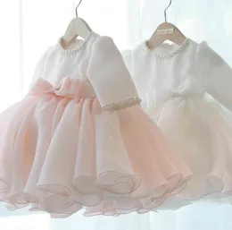 Långärmade flickklänningar Pärlor Rosett Dopklänning för prinsessa 1 år Födelsedagsfest Bröllopsklänning Bebis dopkläder G1129