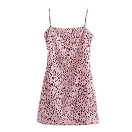 Verano rosa leopardo correa de espagueti vestido mujer Slash cuello Sling vestidos de fiesta Mini cremallera lateral corta 210429