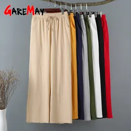 Dorywczo bawełniane spodnie lniane damskie wiosna lato luźne capri szerokiej nogi khaki elastyczne talii stałe podstawowe spodnie dla 210428