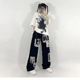 Houzhou Grunge Punk Patchwork Black Jeans Kvinnor Hip Hop Streetwear Print Oversize Wide Ben Byxor 90s Vintage Fashion Pants 210922