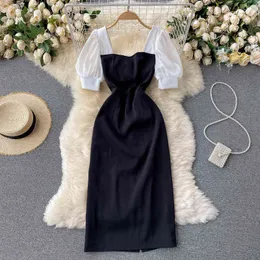 SINGREINY Women Elegant French Dress Retro Square Collar Puff Sleeve Solid Slim Dress Summer Fashion Streetwear Split Midi Dress 210419