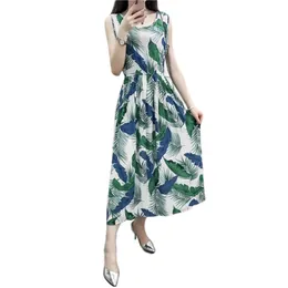 夏のドレス女性の緑11色ノースリーブファッションスリム韓国のカジュアルな黒プリントコットンベストドレスvestidos LR838 210531