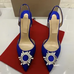 Seksi Lady Moda Kadın Ayakkabı Mavi Sain Kristal Noktası Toe Yüksek Topuklu Slingback Pompaları 12 cm 10 cm Büyük Boy 44