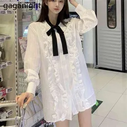 Słodkie kobiety Koronki Party Dress Z Długim Rękawem Bow Collar Wzburzyć Dziewczyny Moda Suknie Lady Chic White Shirt Vestidos Koreański 210601