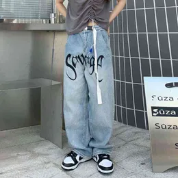 Amerikaanse Streetwear Dżinsy hip-hopowe listy Gedrukt Losse Riem Broek Mannen retro Hong-kong Stijl Brede był DWEILEN BAGGY Y2K 0214