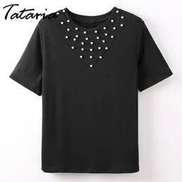 Tataria Kausal Kvinnor T-shirt Feminin Sommar Topp Kvinnor Kläder Vanlig Fit Toppar Och Tees Pearl Beading Short Sleeve Tee Shirt 210514