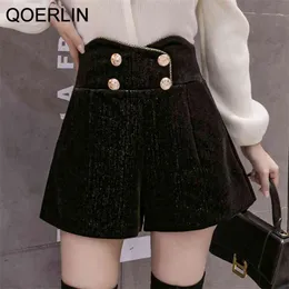 Vinter Chenille Shorts Kvinnor Woolen High Waist Button Back Zipper Short Touser Black Bermuda Plus Storlek 210601