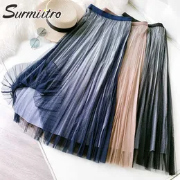 Surmiitro primavera verão estilo coreano 3 camadas mulheres brilhante gradiente malha cintura alta midi longo tulle plissado saia feminina 210712