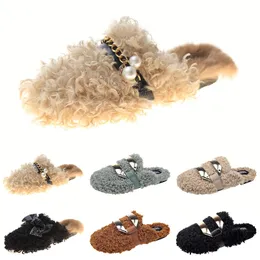 Fashion newly autumn winter womens slippers metal chain all inclusive wool slipper for women black outer wear plus big size Muller half drag shoes