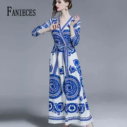 Fanieces Runway Vestidos Robe Femme Kvinnor Blomma Tryck Vår Höst Mode Blå A-Line Klänningar Elegant Långärmad Maxi Dress 210520