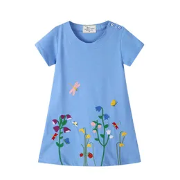 Jumping Meters Dress Flowers Embroidery Girls Princess Summer Cotton Children's Clothes for girls Wear 210529