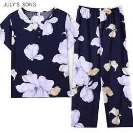 JULY'S SONG Casual Plus Größe Frauen Pyjamas Set Sommer Frühling Floral Gedruckt Nachtwäsche Homewear Vintage Lose Pyjamas Weibliche 210330