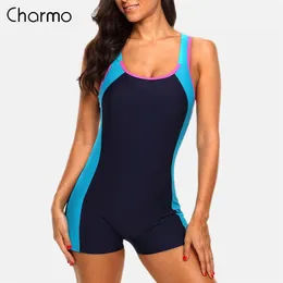 Charmo女性スポーツ水着水着カラーブロックオープンバックビーチバックウェア入浴スーツパッチ作業フィットネス210712