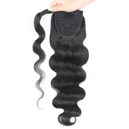 Wrap Around Ponytail Extension Human Hair Body Wave One Piece Clip in Hair Pieces for Women 16 inches Natural Color