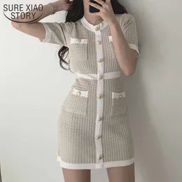 Elegant Korean wool Knitted Dress Party Summer Black Slim Button Bodycon Mini Dress Vestido Moda Feminina Ropa Mujer 12105 220311
