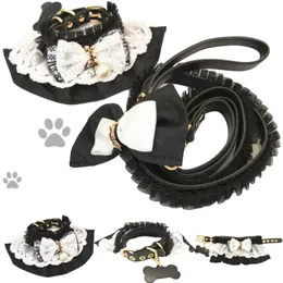 Retro Lolita Style Dog Collar Lace Pearl Pendant Puppy Leashes Fashion Rhinestone Bowknot Krage för Teddy Schnauzer Fransk Bulldog