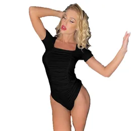 Mono Mujer Verano Summer Women Short Sleeve Square Neck Thong Bodysuit Ladies Sexy Black Whited Pleated Bodys Para 210604