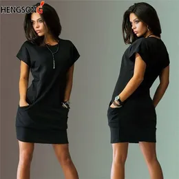 Женские карманные женские платья летняя футболка с коротким рукавом o шеи сарафана мини-офис леди работы Feminino Vestidos 210721