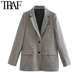 TRAF Kadınlar Moda Cepler ile Houndsthooth Blazer Ceket Vintage Uzun Kollu Sırt Genginler Kadın Giyim Veste Femme 210415
