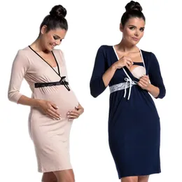 Maternity Dresses Pregnant Women Fashion Lace Stitching Deep V-neck Breastfeeding Dress Pajamas Care Clothing