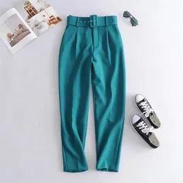 BLSQR Autumn Winter Green Suit Pants Woman High Waist Sashes Pockets Office Ladies Fashion Solid Trousers 210925