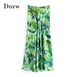 Czeski Long Maxi Spódnica Kobiety Stylowe Liście Drukowane Plaża S Kobieta Wysoka Talia Strona Zipper Casual Plised 210515