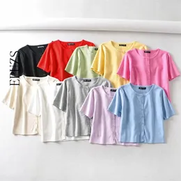 カワイリ作物トップセクシーなボタン半袖Tシャツ女性トップスビンテージブラックホワイトTシャツFemme Streetwear韓国服210521