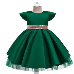 Dziewczyna Dresses Flower Girl Wedding Bankiet Satin Green Cekiny Sukienka Dla Eleganckie Otwarte Back Birthday Party Page Connert Suknia