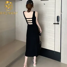 女性の夏のデザインのファッション背中のスパゲッティストラップニットドレス汎用スリム中長鉛筆ラップ210506
