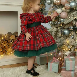 新生児のクリスマスのドレスの赤ちゃんの女の子の格子縞のフライスリーブラウンドネックメッシュパッチワークドレス赤ちゃん女の子春秋ファッションドレスG1026