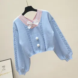 Koreański w stylu Biały dzianin Swetek Sweet V Szyja z łukiem Vintage Pullover Długie rękaw z krawędzi Górna różowa sweter My537 Kobiet Swea