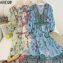 3268 Floral Dress Summer Etnic Style Beach Seaside Vacation V-Neck Bohemian Large Dress 210507