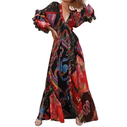 Designer Sexy Long Sleeve V Neck Women Dresses Bohemian Style Female Floral Printed Ankle Length Casual Beach Party Dress