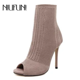 Niufuni kvinnor stövlar högklackat mode peep toe knit sock ankel booties vår höst skor kvinna sexig tunna heeled lady boots y0905