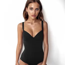 Deep v Neck Moda Preto Bodysuit Mulheres Elegante Sexy Corpo Espaguete Strap Bodycon Jumpsuit Romper Summer Summer 210419