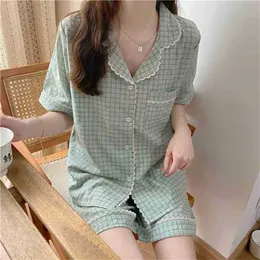 Verão Retro Relógio Doce Pijama Curto Nightwear Mole Sleaid Sleepwear Mulheres Home Chic Solto Vintage Sets 210525
