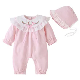 2pcs koreanska födda broderi kläder spädbarn båge romer baby tjejer boutique kläder barn halv födelsedag rompers med hatt 210615